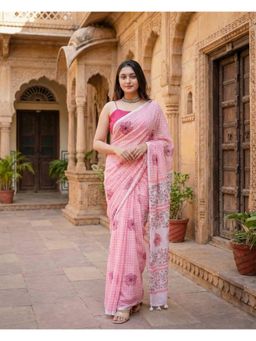 Anjaneya Sarees - Women Pink Linen Polka Dots Saree with Unstitched Blouse