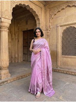 Anjaneya Sarees - Women Pink Linen Printed Saree with Unstitched Blouse