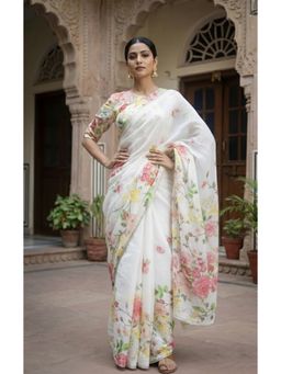 Anjaneya Sarees - Women White Linen Floral Saree with Unstitched Blouse