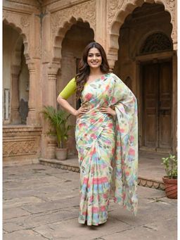Anjaneya Sarees - Women Multi-Color Linen Floral Saree with Unstitched Blouse
