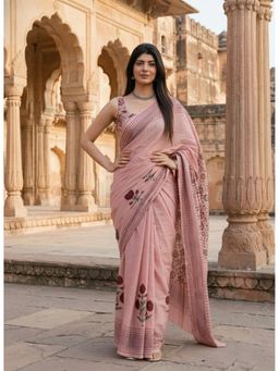 Anjaneya Sarees - Women Peach Linen Floral Saree with Unstitched Blouse