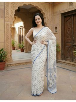 Anjaneya Sarees - Tassels White Linen Printed Saree with Unstitched Blouse