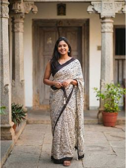 Anjaneya Sarees - Women White Linen Hand Block Printed Saree with Unstitched Blouse