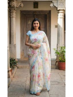 Anjaneya Sarees - Women White Linen Floral Saree with Unstitched Blouse