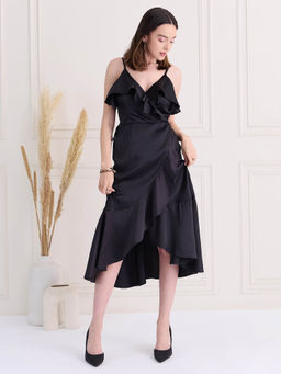 Magre - Black Solid Satin Overlap Frill Dress