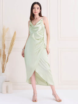 Magre - Green Pleated Satin Dress with Adjustable Strap
