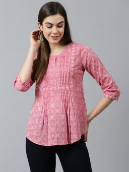 QOMN - Pink Printed Pintucks Detail Top