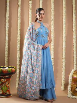 Ahi Clothing - Blue Georgette Halter Neck Anarkali Kurta with Palazzo and Dupatta