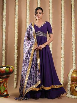 Ahi Clothing - Dark Purple Georgette Anarkali Kurta with Palazzo and Dupatta