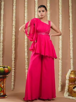 AHI Clothing - Hot Pink Georgette Short A-Line Kurti with Belt and Palazzo