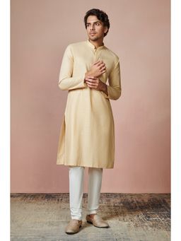 Manyavar - Beige Cotton Mandarin Collar Kurta with Pencil Pajama (Set of 2)