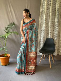 EXCLUSIVA - Blue Kalamkari Print Cotton Saree with Unstitched Blouse