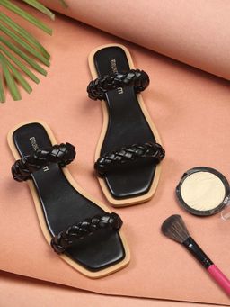 Bruno Manetti - Womens Black Slip-On Back Open Braided Design Flats