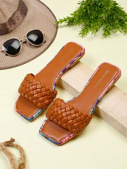 Bruno Manetti - Womens Tan Slip-On Back Open Braided Designs Flats