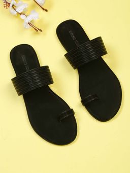 Bruno Manetti - Womens Black Slip-On Back Open Toe Ring Flats