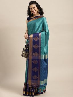 Vastranand - Teal Zari Silk Blend Banarasi Saree with Unstitched Blouse