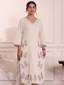 ARAMYA - Women Off White Pure Cotton Embroidered Kurta