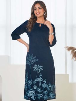ARAMYA - Women Blue Pure Cotton Embroidered Kurta