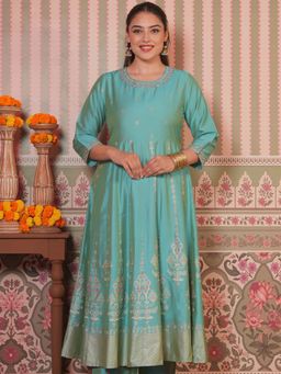 ARAMYA - Women Turquoise Silk Blend Printed Kurta