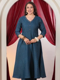 ARAMYA - Women Blue Chanderi Printed Kurta