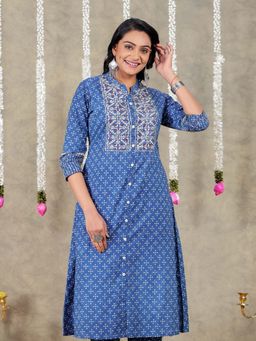 ARAMYA - Women Blue Pure Cotton Printed Kurta