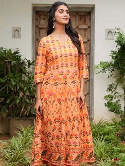 ARAMYA - Women Orange Pure Cotton Printed Kurta