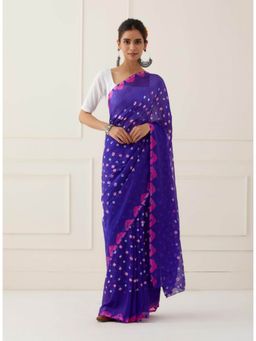 Sutra Attire - Blue Hand Bandhani Silk Saree with Unstitched Blouse