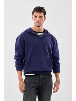 Snitch - Navy Blue Solid Regular Oversized Fit Hoodie