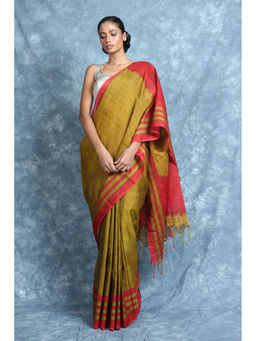Arhi - Musterd Blended Cotton Handwoven Soft Saree With Stripe Border & Pallu with Unstitched