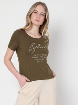VERO MODA - Women Typography Olive T-shirt