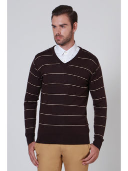 Allen Solly - Mens Brown Stripe V-Neck Full Sleeves Sweater