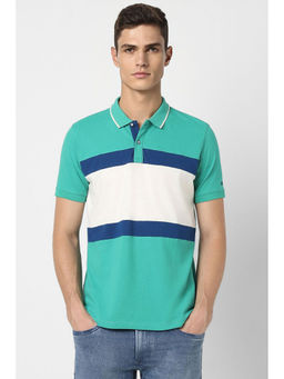 Peter England - Mens Blue Colorblock Collar Neck Polo T-Shirt