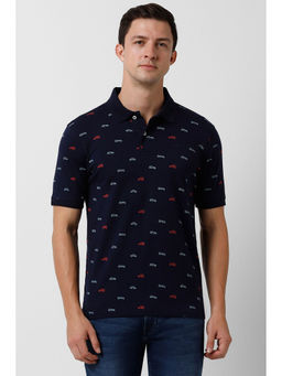 Peter England - Mens Navy Print Collar Neck Polo T-Shirt