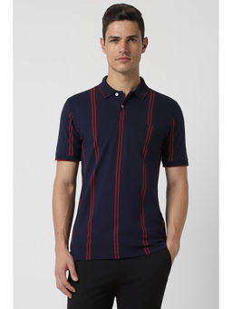 Peter England - Mens Navy Stripe Collar Neck Polo T-Shirt