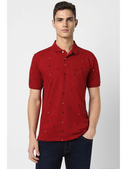 Peter England - Mens Red Print Collar Neck Polo T-Shirt