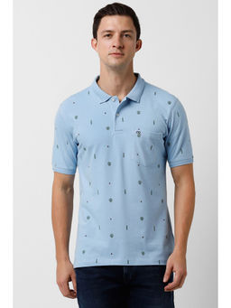 Peter England - Mens Blue Print Collar Neck Polo T-Shirt