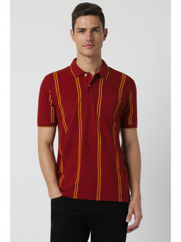 Peter England - Mens Maroon Stripe Collar Neck Polo T-Shirt