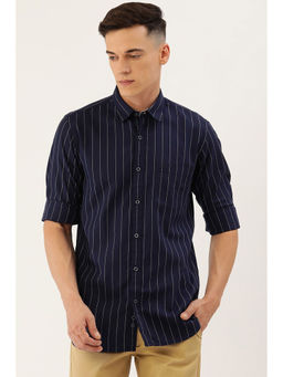 Peter England - Mens Navy Slim Fit Stripe Full Sleeves Casual Shirt