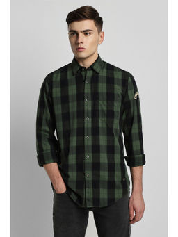 Peter England - Mens Olive Slim Fit Check Full Sleeves Casual Shirt