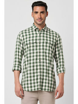 Peter England - Mens Green Slim Fit Check Full Sleeves Casual Shirt