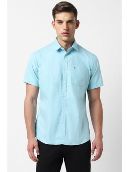 Van Heusen - Mens Blue Slim Fit Solid Half Sleeves Casual Shirt