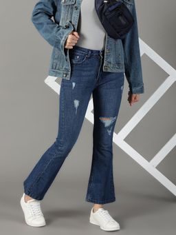 SHOWOFF - Women's Stretchable Mildly Distressed Navy Blue Bootcut Jeans