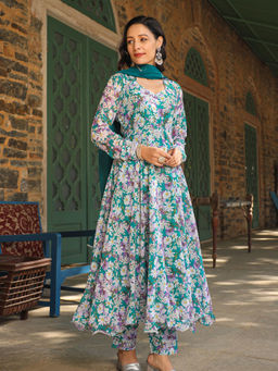 Asheera - Anika Green Floral Printed Georgette Anarkali Kurta with Pant & Dupatta (Set of 3)