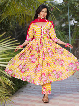 Asheera - Gulaab Yellow Floral Printed Georgette Anarkali Kurta with Pant & Dupatta (Set of 3)