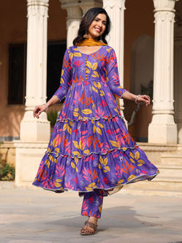 Asheera - Lilac Floral Printed Georgette Anarkali Kurta with Pant & Dupatta (Set of 3)