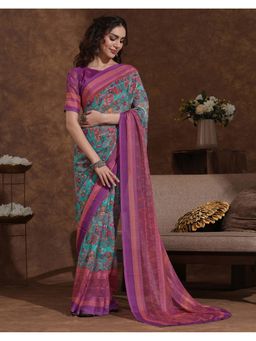 SATRANI - Women Teal Blue and Rani Pink Woven Printed Georgette Saree With Unstitched Blouse