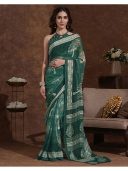 SATRANI - Women Dark Green Woven Printed Georgette Saree With Unstitched Blouse