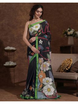 SATRANI - Women Black Woven Printed Silk Saree With Unstitched Blouse