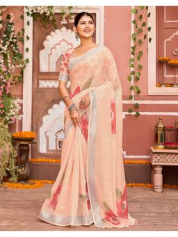 SATRANI - Women Light Peach Floral Printed Linen Cotton Saree With Unstitched Blouse