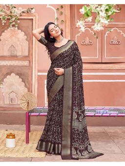 SATRANI - Women Wine Printed Georgette Saree With Unstitched Blouse